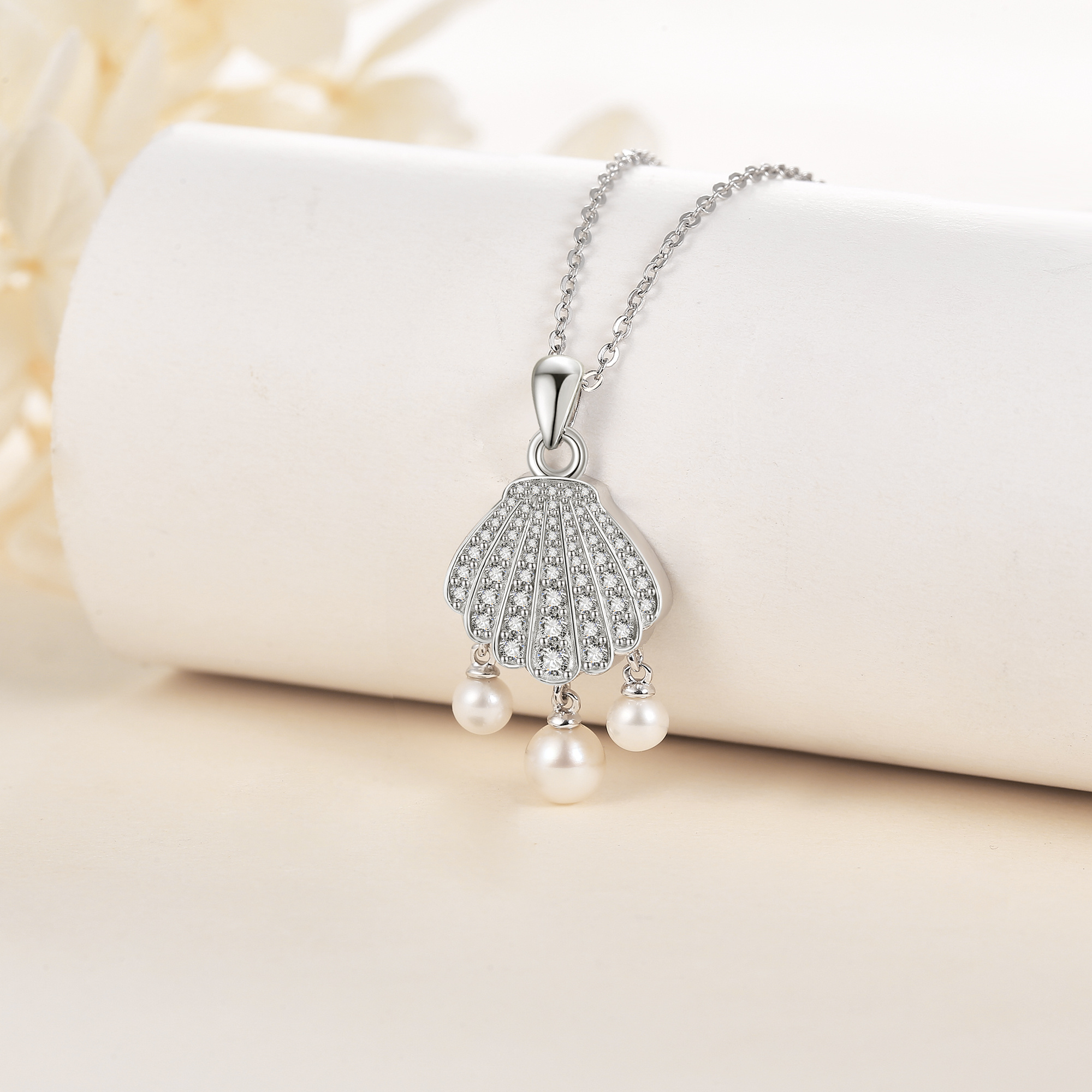 925 Sterling Silver Clam Shell Necklace with Pearl, Unisex Gift